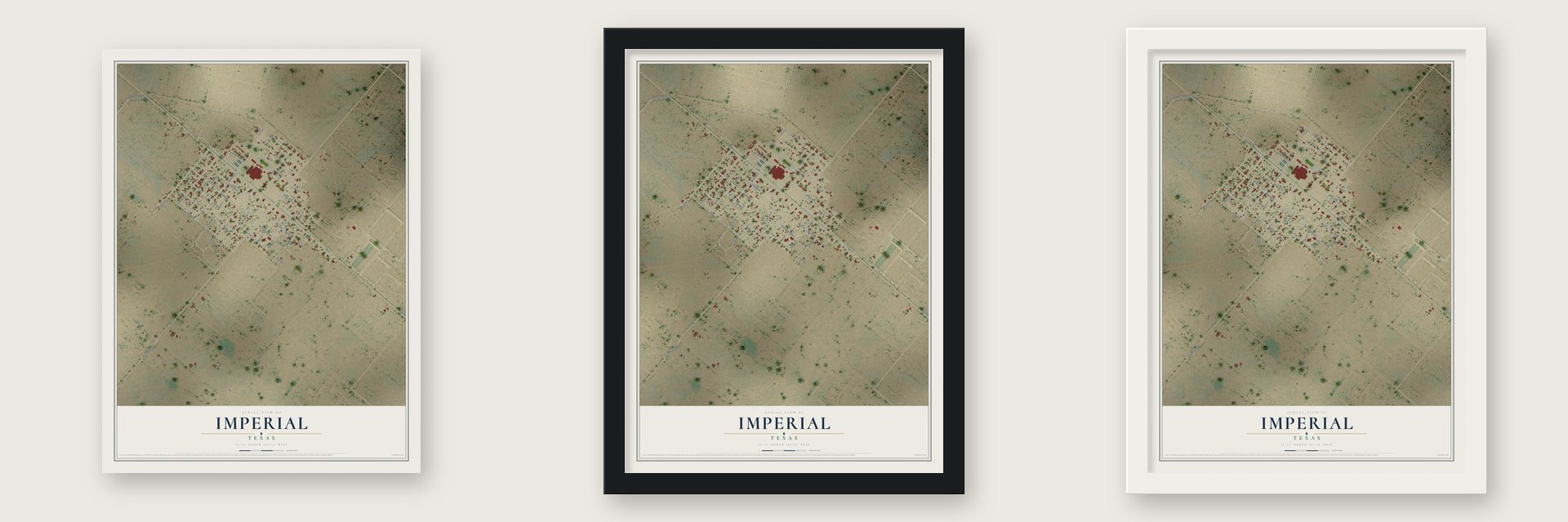 Imperial, Texas map unframed, in a black wood frame and in a white wood frame