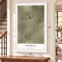Imperial, Texas map, 24 x 36 inch print in a white frame by a staircase