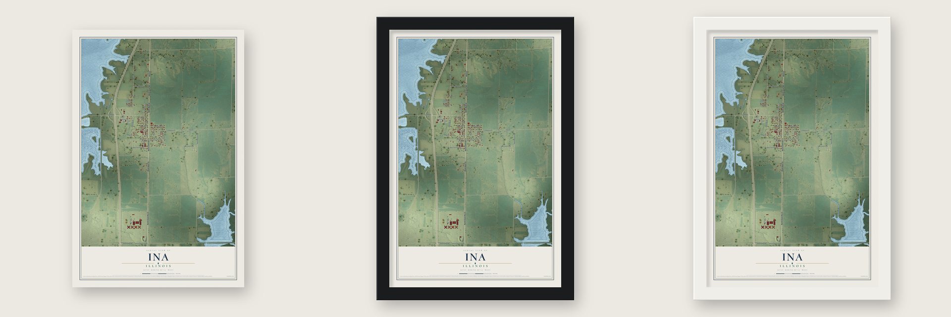 Ina, Illinois map unframed, in a black wood frame and in a white wood frame