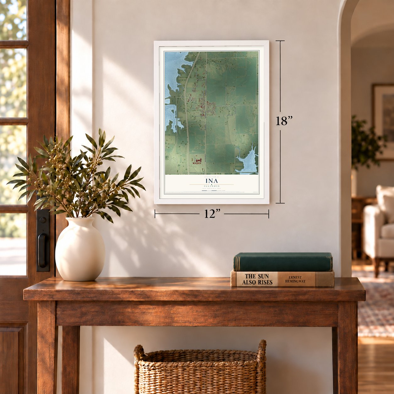 Ina, Illinois map, 12 x 18 inch print in a white frame in an entryway