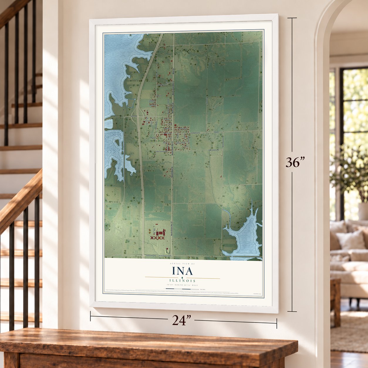 Ina, Illinois map, 24 x 36 inch print in a white frame by a staircase