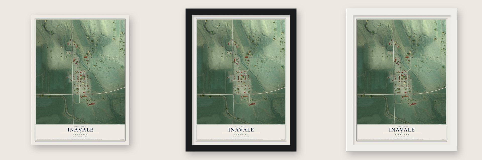 Inavale, Nebraska map unframed, in a black wood frame and in a white wood frame