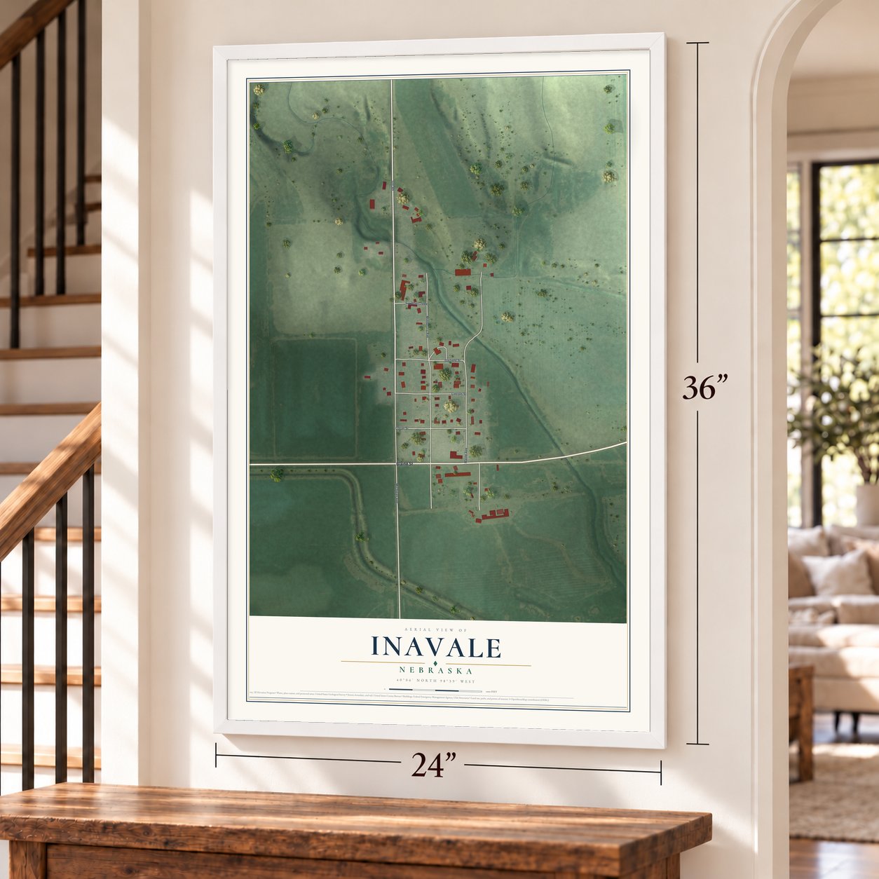 Inavale, Nebraska map, 24 x 36 inch print in a white frame by a staircase