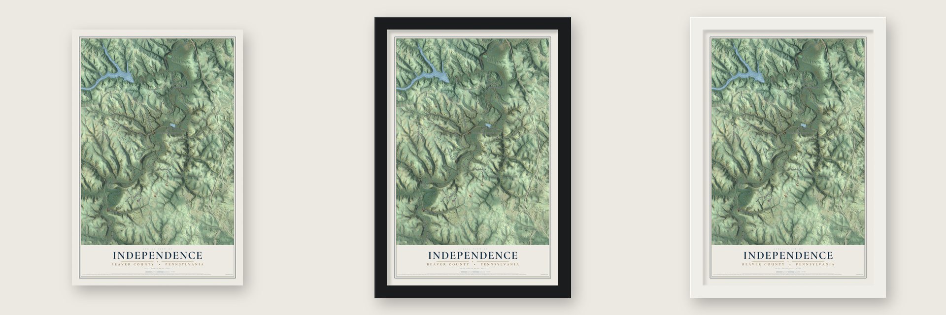 Independence, Beaver County, Pennsylvania map unframed, in a black wood frame and in a white wood frame