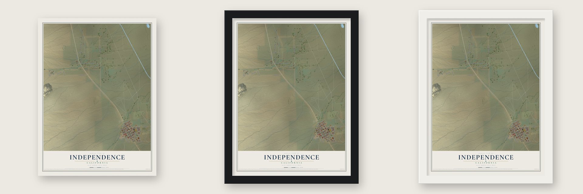 Independence, California map unframed, in a black wood frame and in a white wood frame