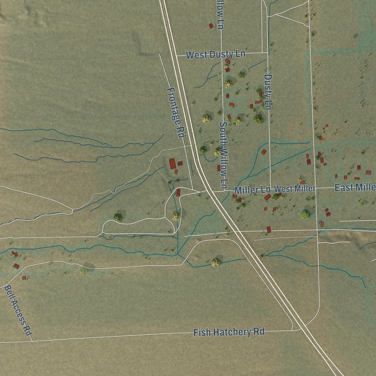 Second close-up of the map of Independence, California print showing more streets and buildings