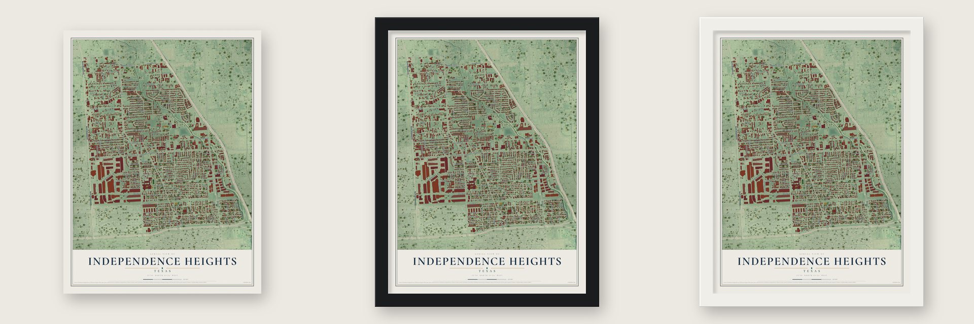 Independence Heights, Texas map unframed, in a black wood frame and in a white wood frame