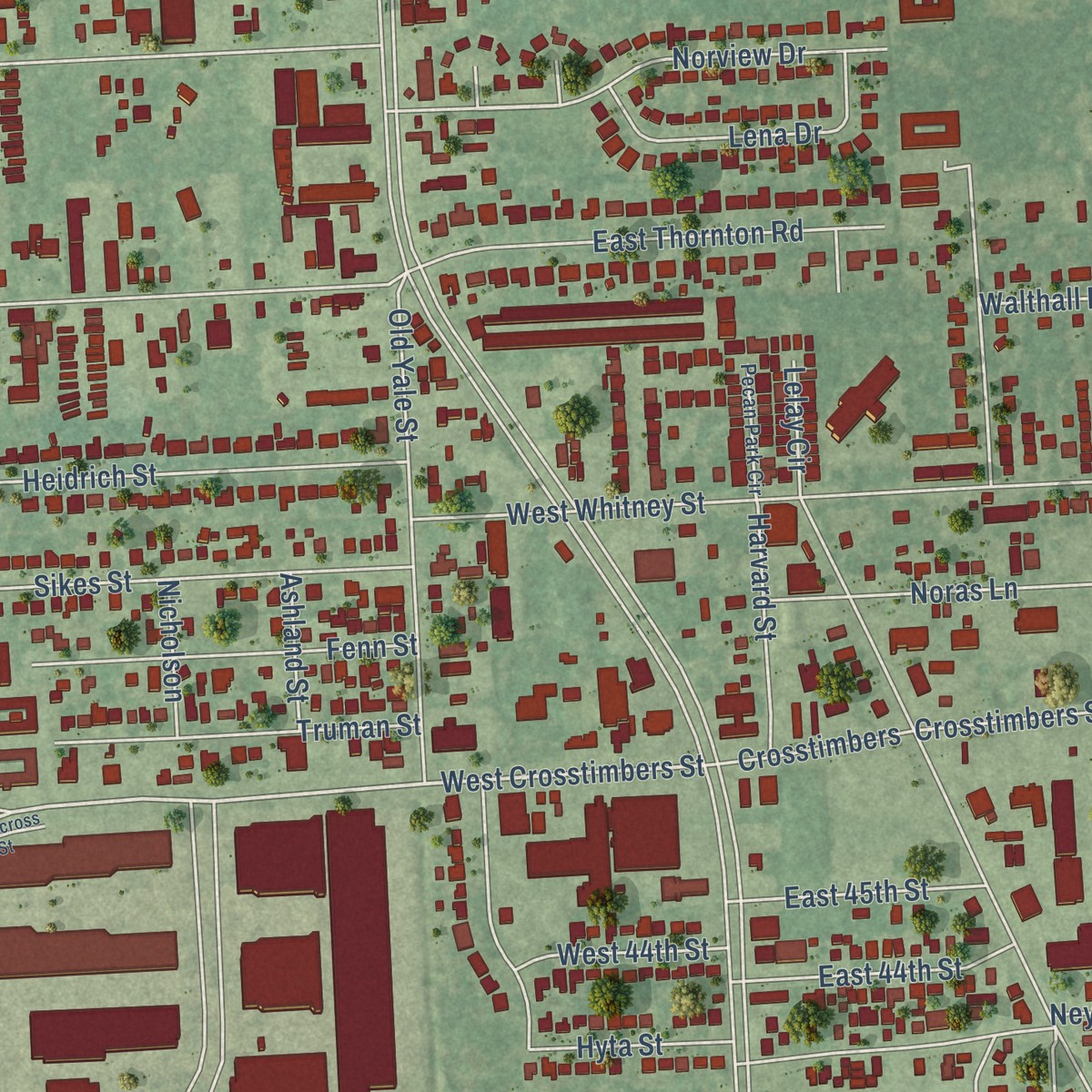 Second close-up of the map of Independence Heights, Texas print showing more streets and buildings