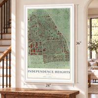 Independence Heights, Texas map, 24 x 36 inch print in a white frame by a staircase