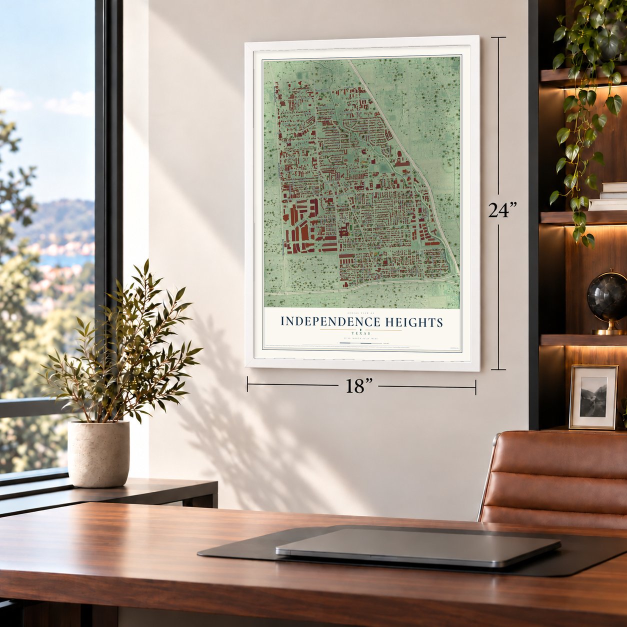 Independence Heights, Texas map, 18 x 24 inch print in a white frame in a home office