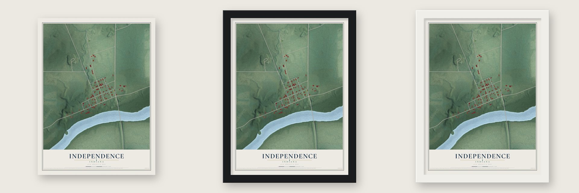 Independence, Indiana map unframed, in a black wood frame and in a white wood frame