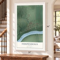 Independence, Indiana map, 24 x 36 inch print in a white frame by a staircase
