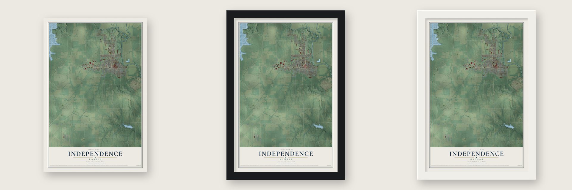 Independence, Kansas map unframed, in a black wood frame and in a white wood frame