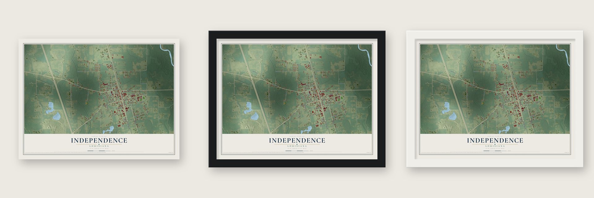 Independence, Louisiana map unframed, in a black wood frame and in a white wood frame