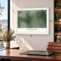 Independence, Louisiana map, 18 x 24 inch print in a white frame in a home office