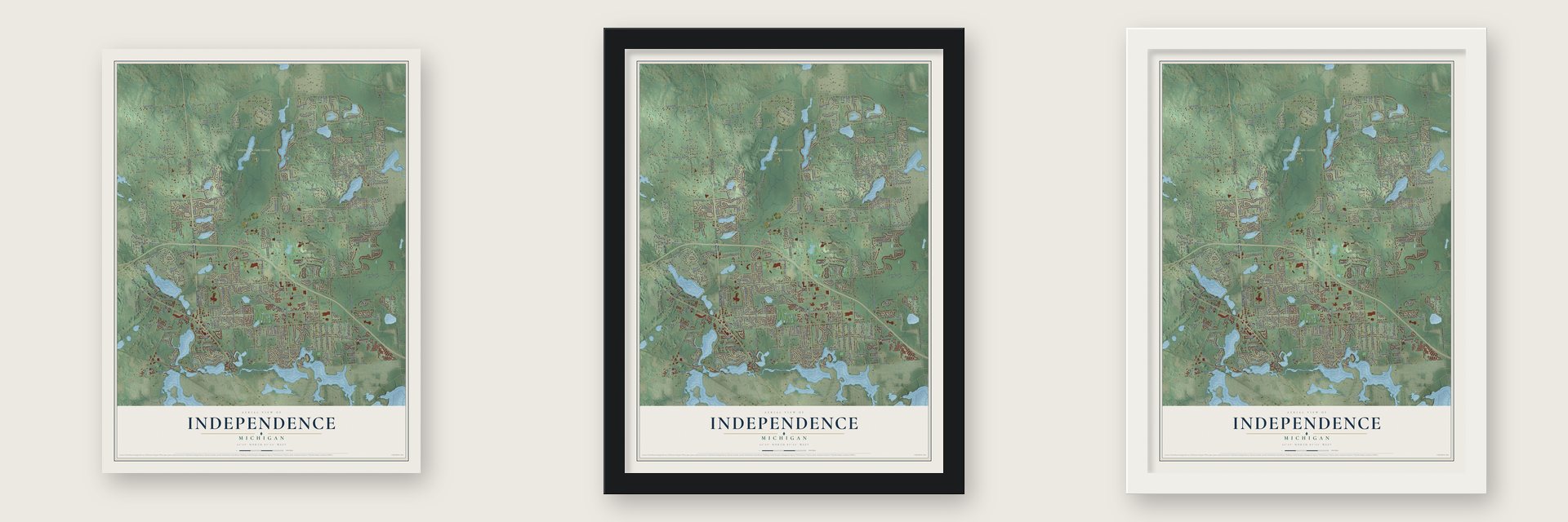 Independence, Michigan map unframed, in a black wood frame and in a white wood frame