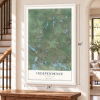 Independence, Michigan map, 24 x 36 inch print in a white frame by a staircase