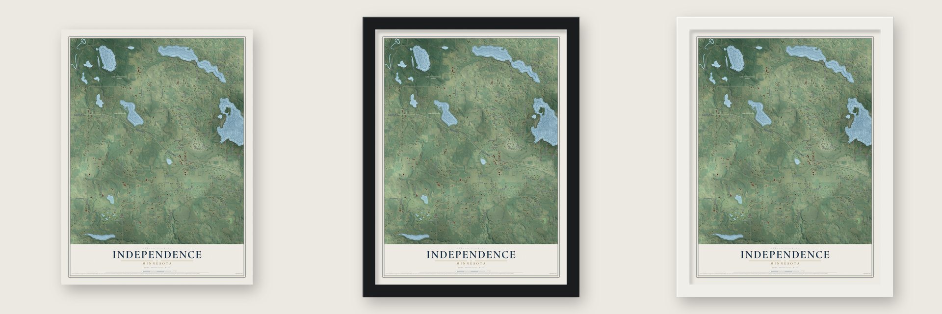 Independence, Minnesota map unframed, in a black wood frame and in a white wood frame