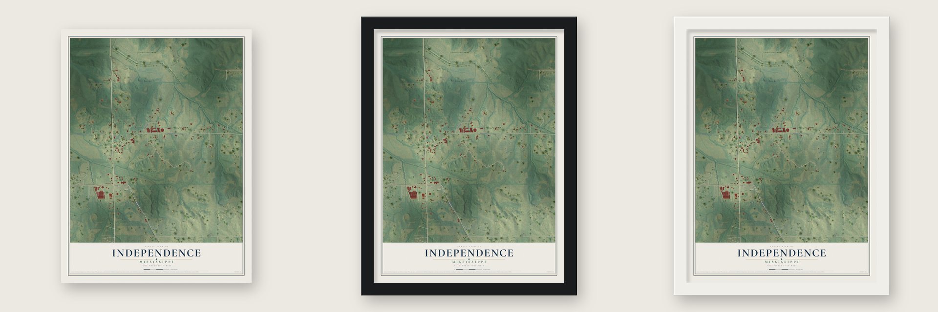 Independence, Mississippi map unframed, in a black wood frame and in a white wood frame