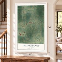 Independence, Mississippi map, 24 x 36 inch print in a white frame by a staircase
