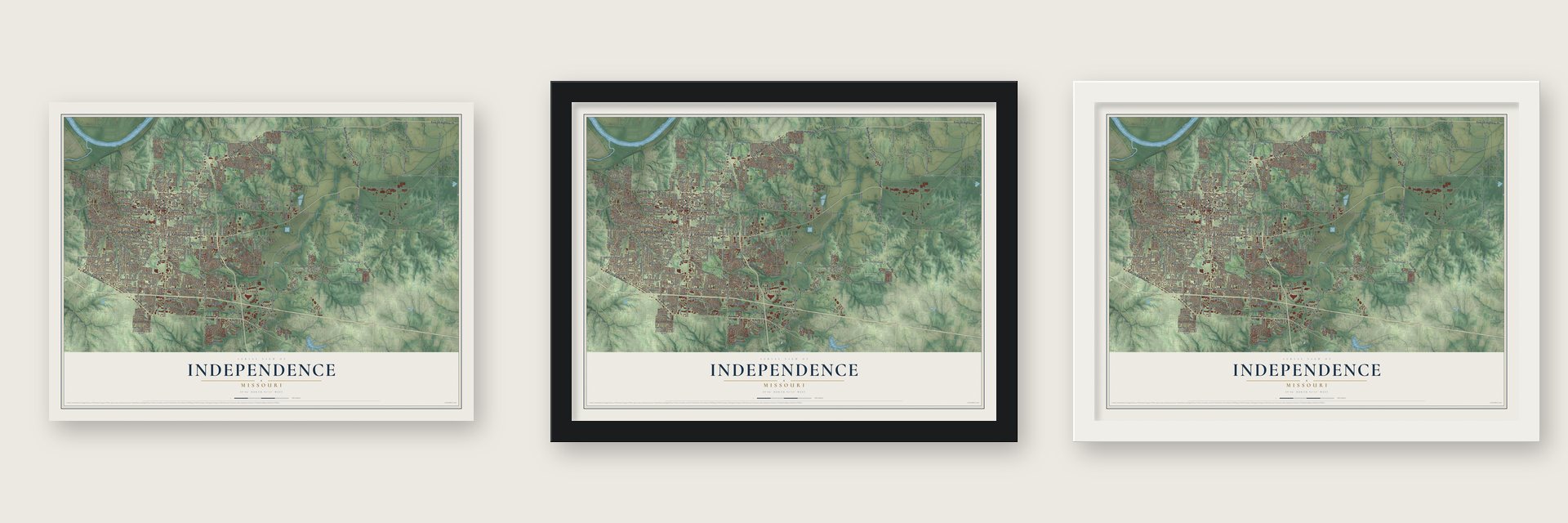 Independence, Missouri map unframed, in a black wood frame and in a white wood frame