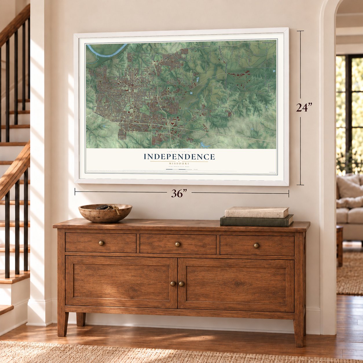 Independence, Missouri map, 24 x 36 inch print in a white frame above a dresser by a staircase