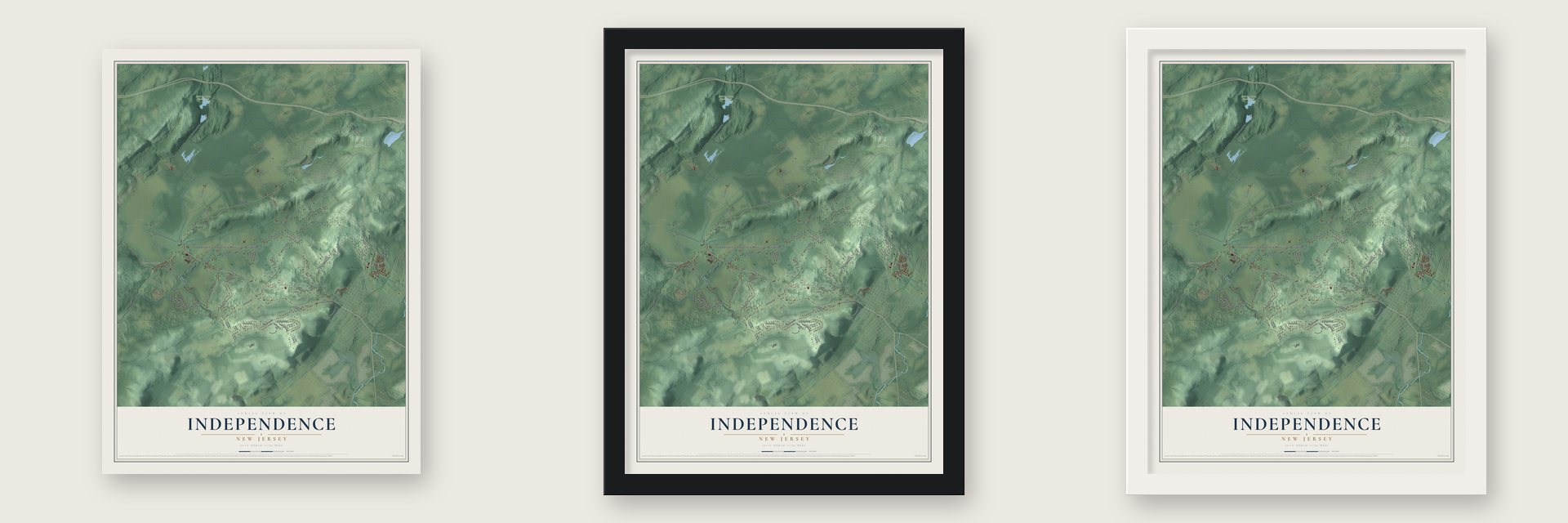 Independence, New Jersey map unframed, in a black wood frame and in a white wood frame