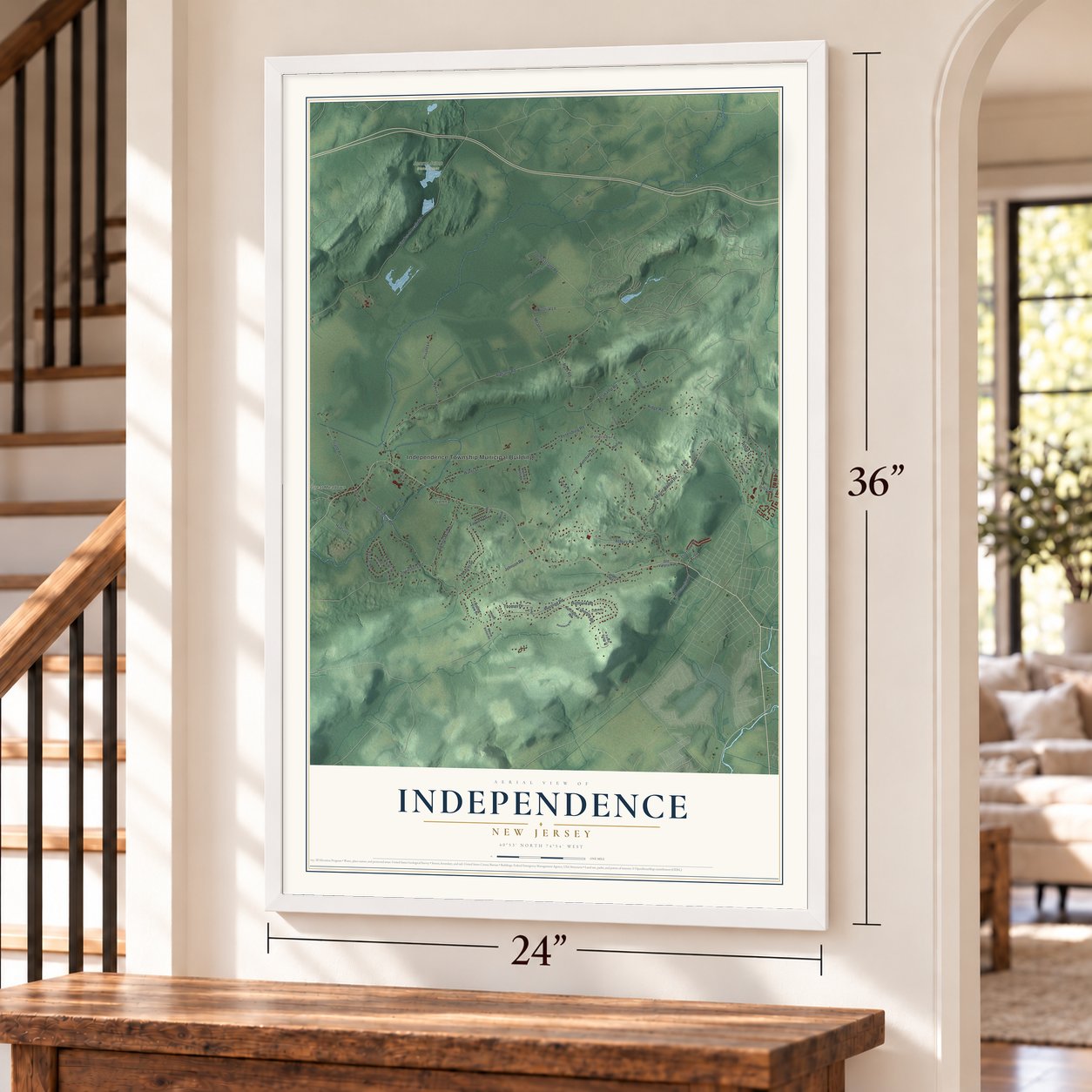 Independence, New Jersey map, 24 x 36 inch print in a white frame by a staircase