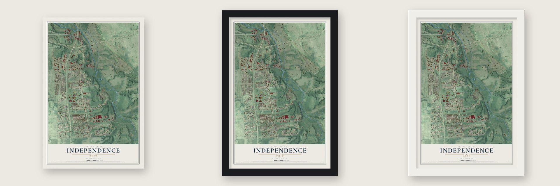 Independence, Ohio map unframed, in a black wood frame and in a white wood frame