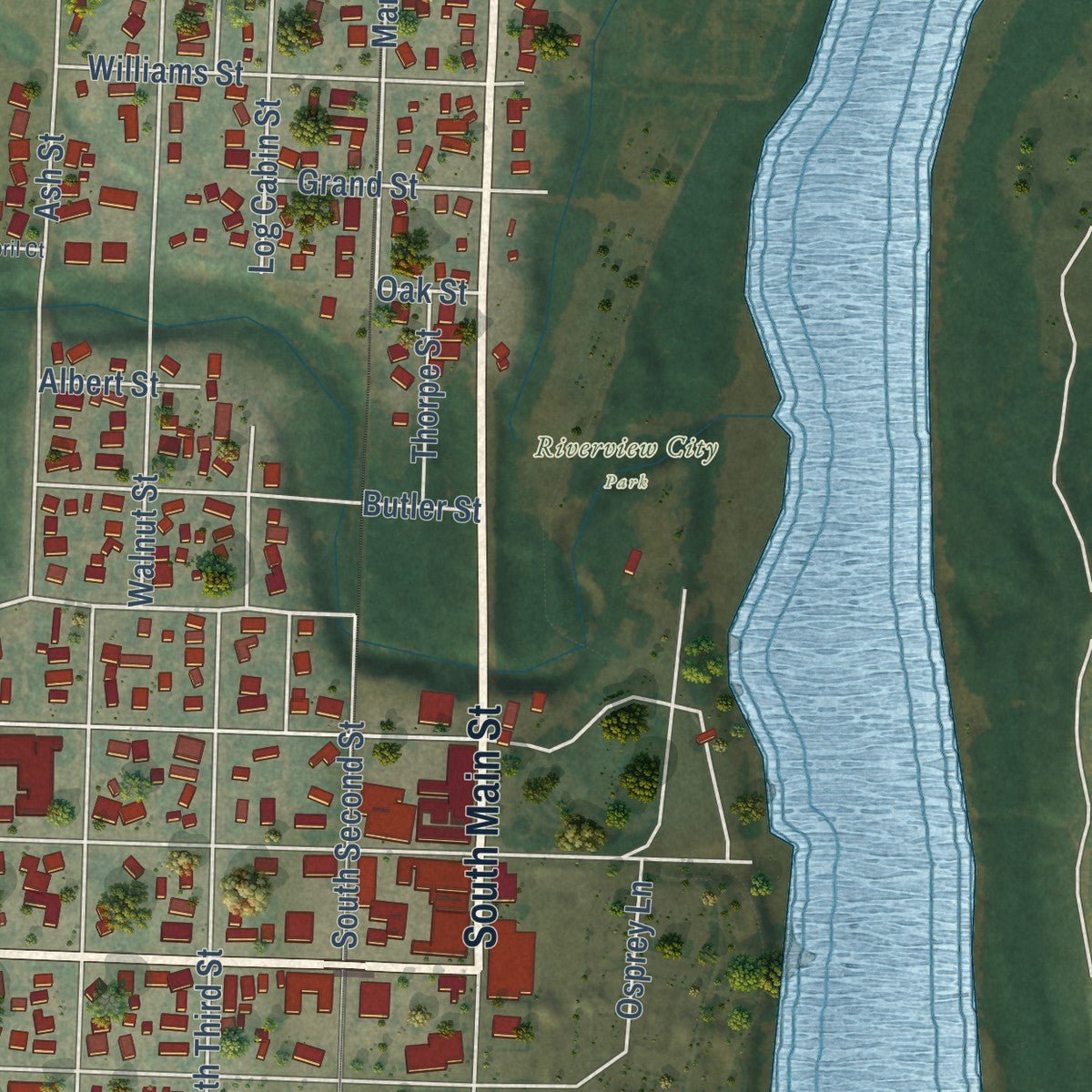 Second close-up of the map of Independence, Oregon print showing more streets and buildings