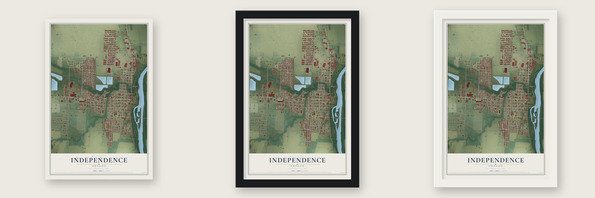 Independence, Oregon map unframed, in a black wood frame and in a white wood frame