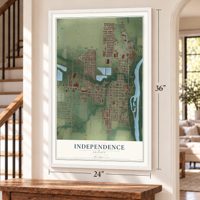 Independence, Oregon map, 24 x 36 inch print in a white frame by a staircase