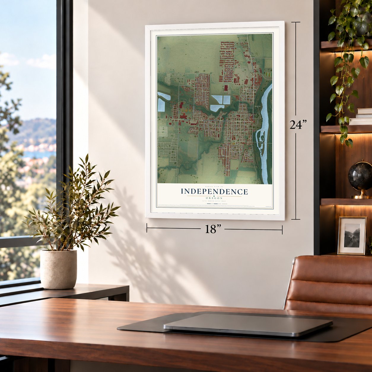 Independence, Oregon map, 18 x 24 inch print in a white frame in a home office