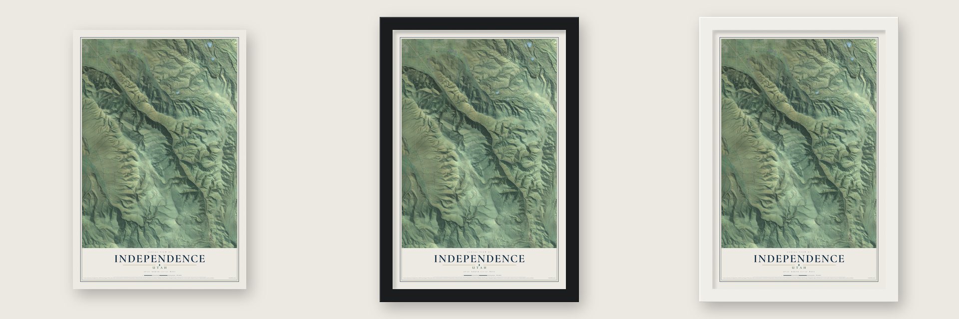 Independence, Utah map unframed, in a black wood frame and in a white wood frame
