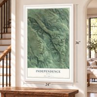 Independence, Utah map, 24 x 36 inch print in a white frame by a staircase