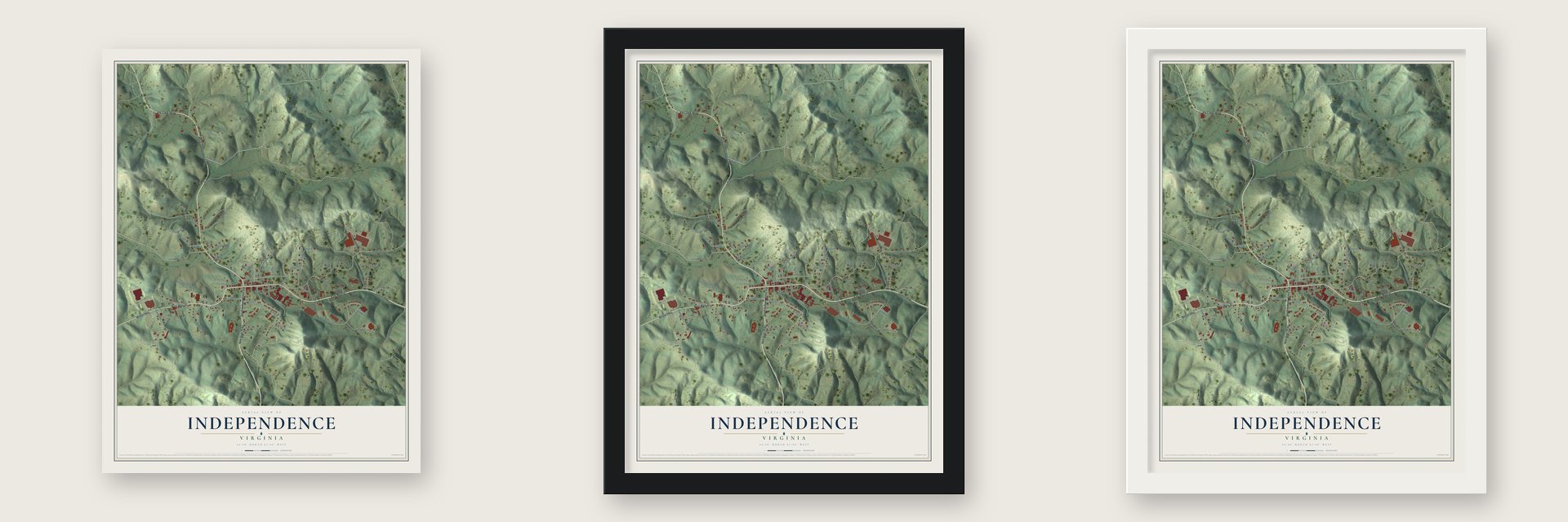 Independence, Virginia map unframed, in a black wood frame and in a white wood frame
