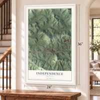 Independence, Virginia map, 24 x 36 inch print in a white frame by a staircase