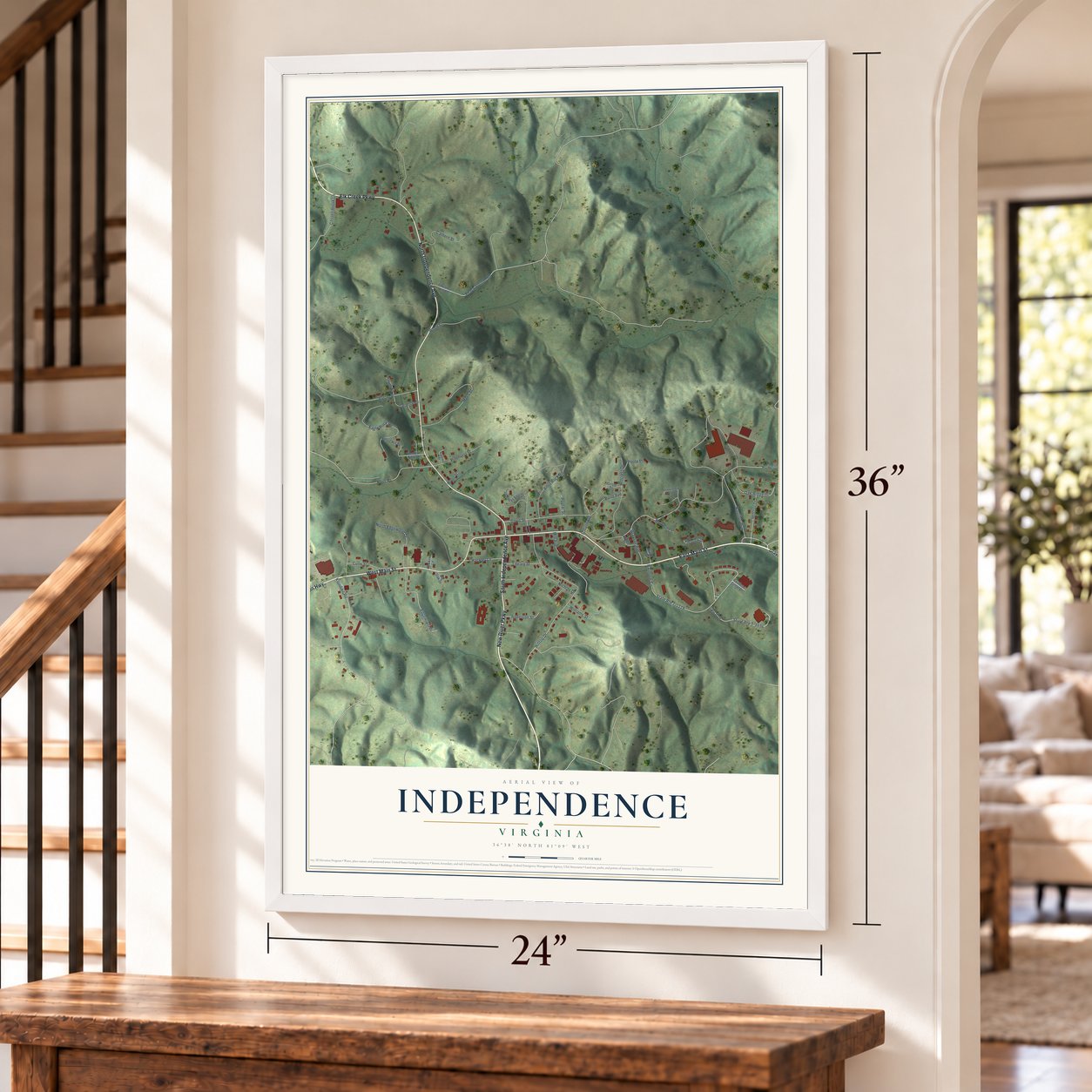 Independence, Virginia map, 24 x 36 inch print in a white frame by a staircase