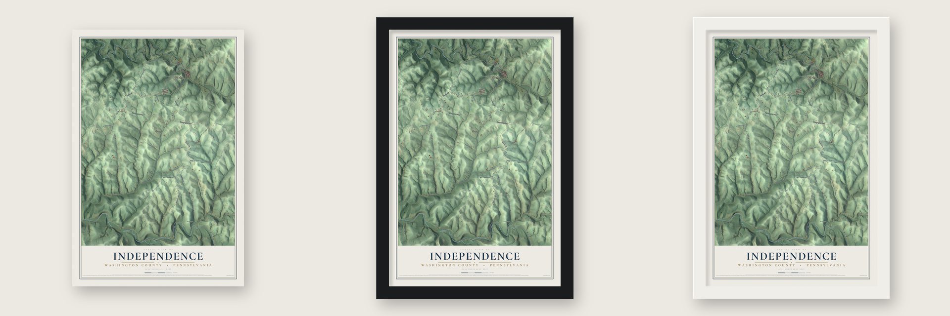 Independence, Washington County, Pennsylvania map unframed, in a black wood frame and in a white wood frame