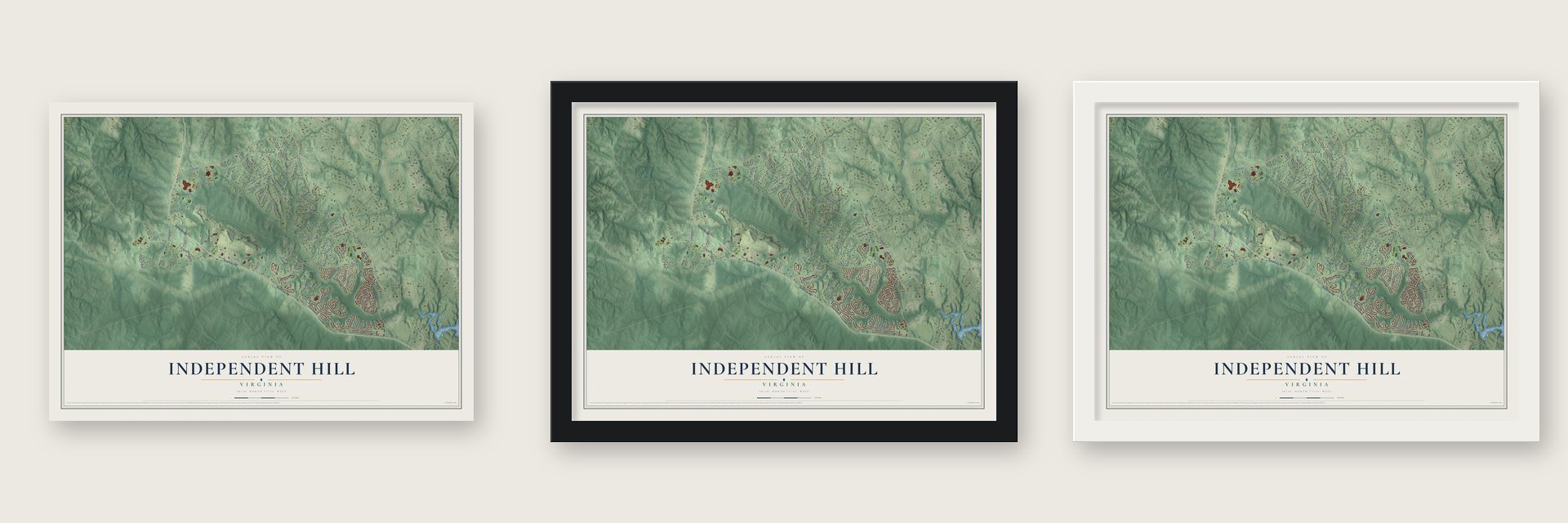 Independent Hill, Virginia map unframed, in a black wood frame and in a white wood frame