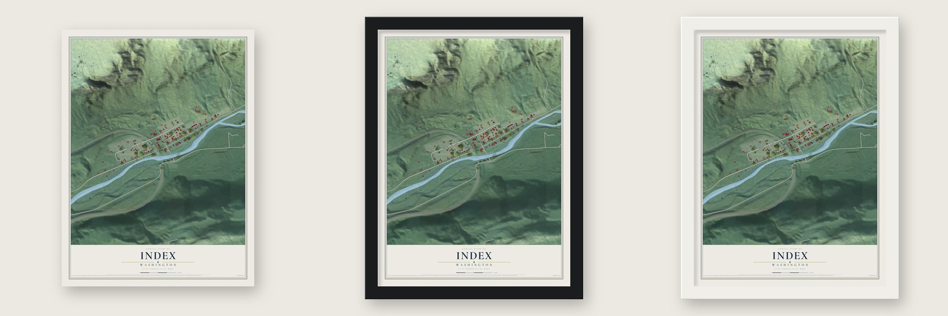 Index, Washington map unframed, in a black wood frame and in a white wood frame