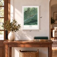 Index, Washington map, 12 x 18 inch print in a white frame in an entryway