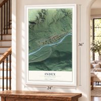 Index, Washington map, 24 x 36 inch print in a white frame by a staircase