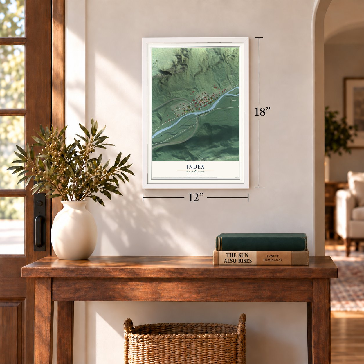 Index, Washington map, 12 x 18 inch print in a white frame in an entryway
