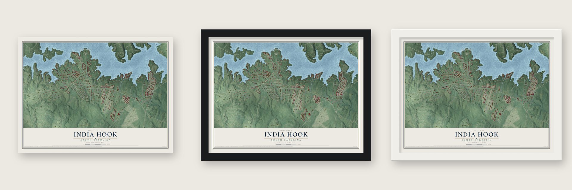 India Hook, South Carolina map unframed, in a black wood frame and in a white wood frame