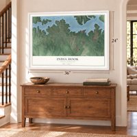 India Hook, South Carolina map, 24 x 36 inch print in a white frame above a dresser by a staircase