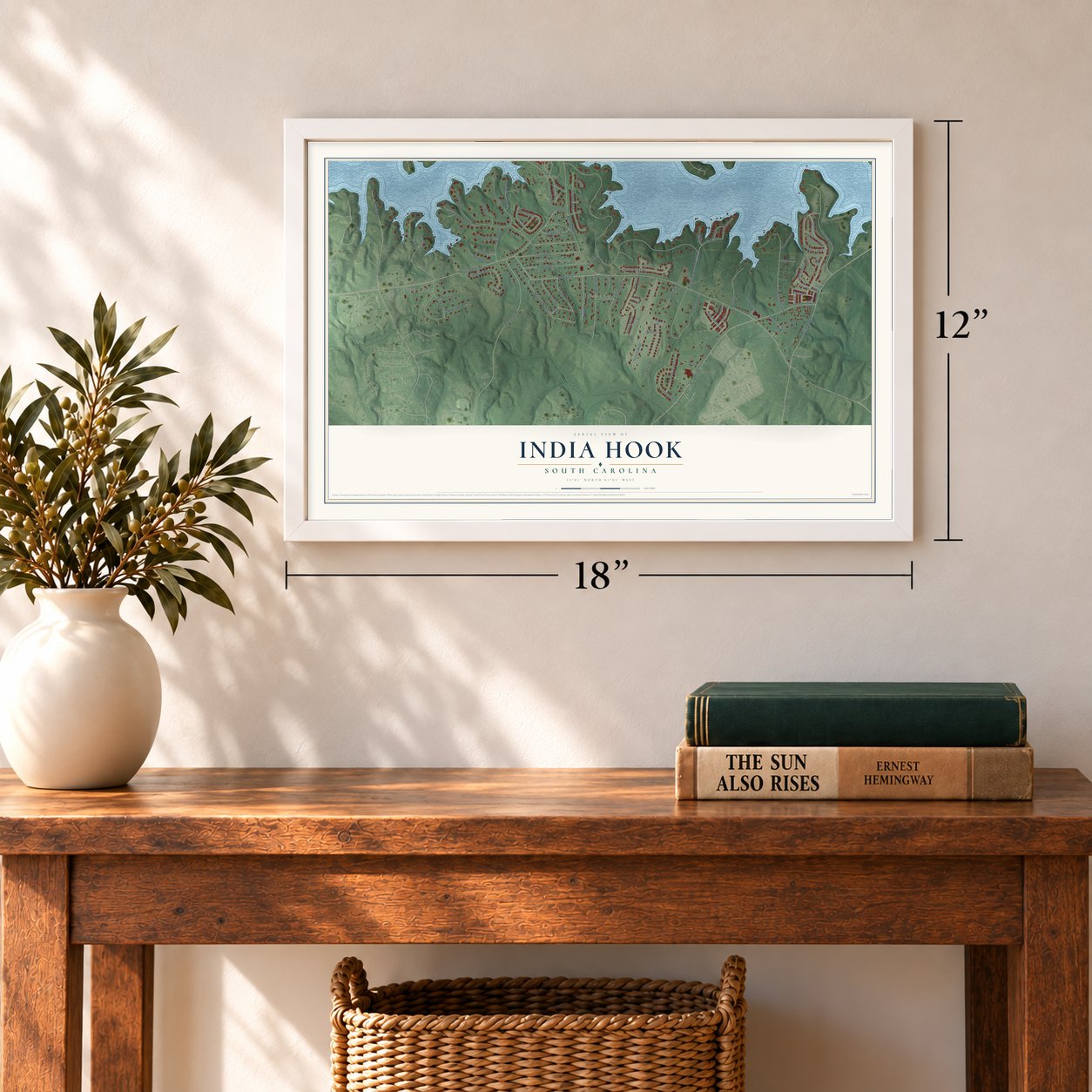 India Hook, South Carolina map, 12 x 18 inch print in a white frame in an entryway