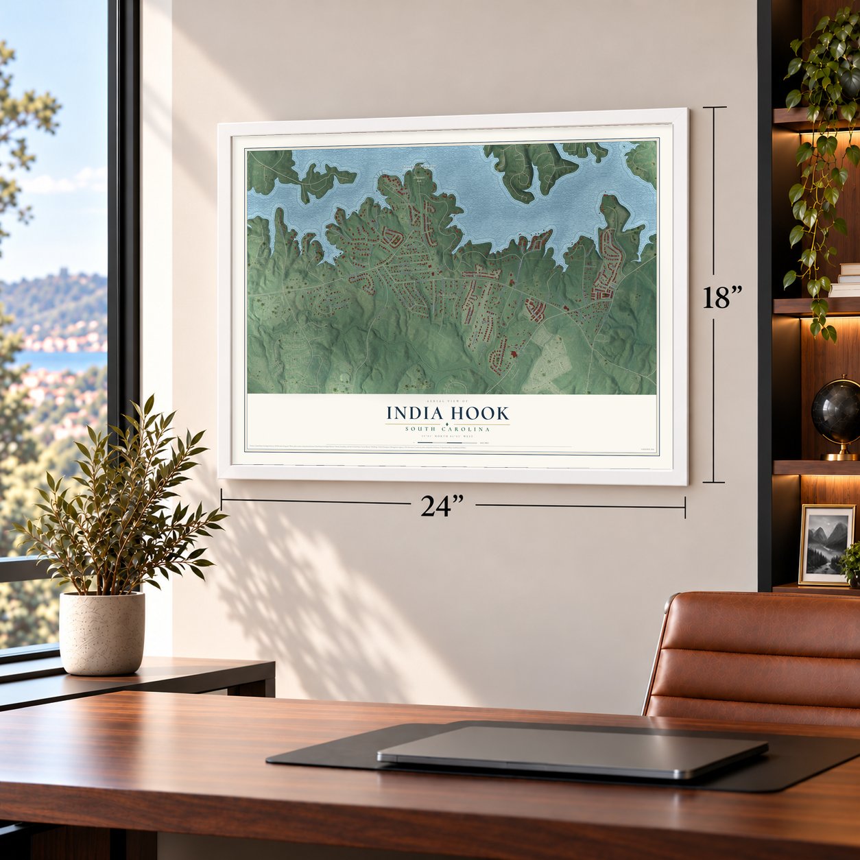 India Hook, South Carolina map, 18 x 24 inch print in a white frame in a home office
