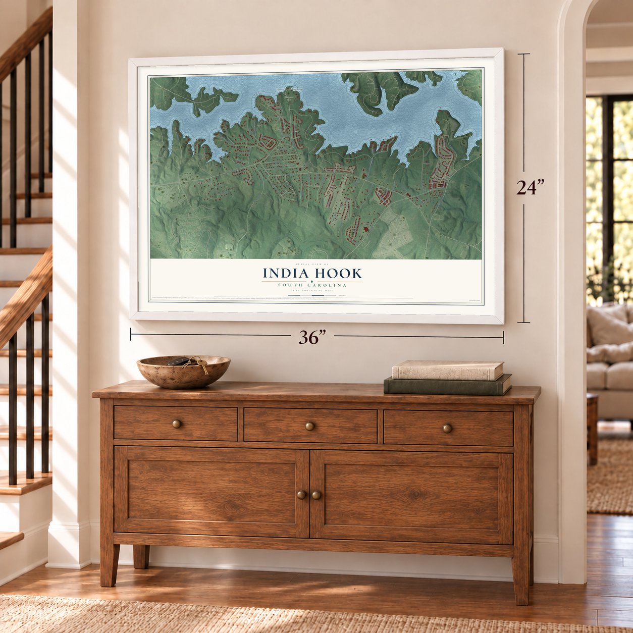 India Hook, South Carolina map, 24 x 36 inch print in a white frame above a dresser by a staircase
