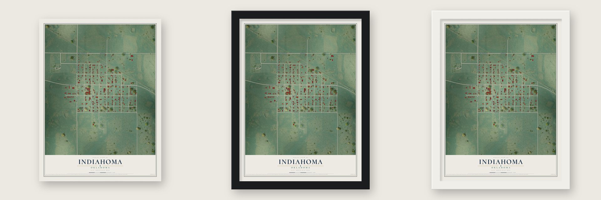 Indiahoma, Oklahoma map unframed, in a black wood frame and in a white wood frame